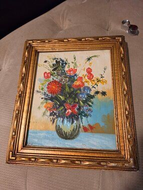 Vintage Mid-Century Framed Floral Oil Painting On Canvas With Ornate Gold Wooden